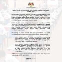 Keputusan Peperiksaan Sijil Tinggi Agama Malaysia (STAM) Tahun 2023  pada Selasa, 26 Mac 2024.
