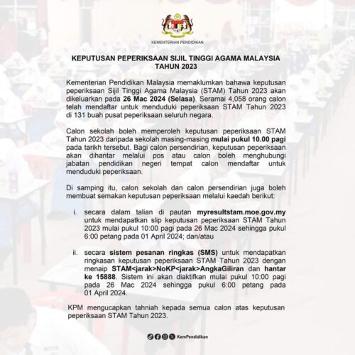 Keputusan Peperiksaan Sijil Tinggi Agama Malaysia (STAM) Tahun 2023  pada Selasa, 26 Mac 2024.